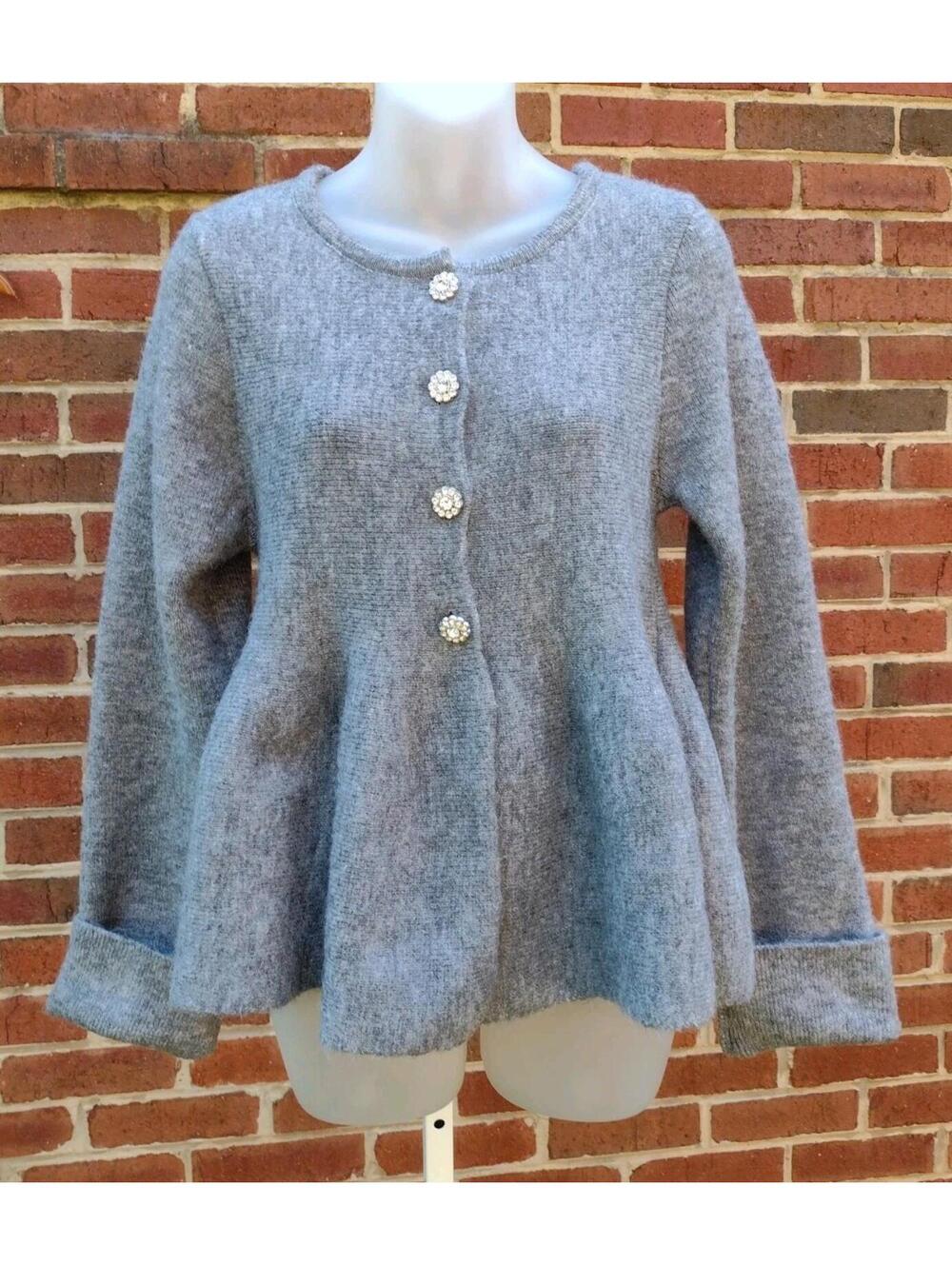 Maeve Anthropologie Gray Rhinestone Button Peplum Cardigan Sweater XS